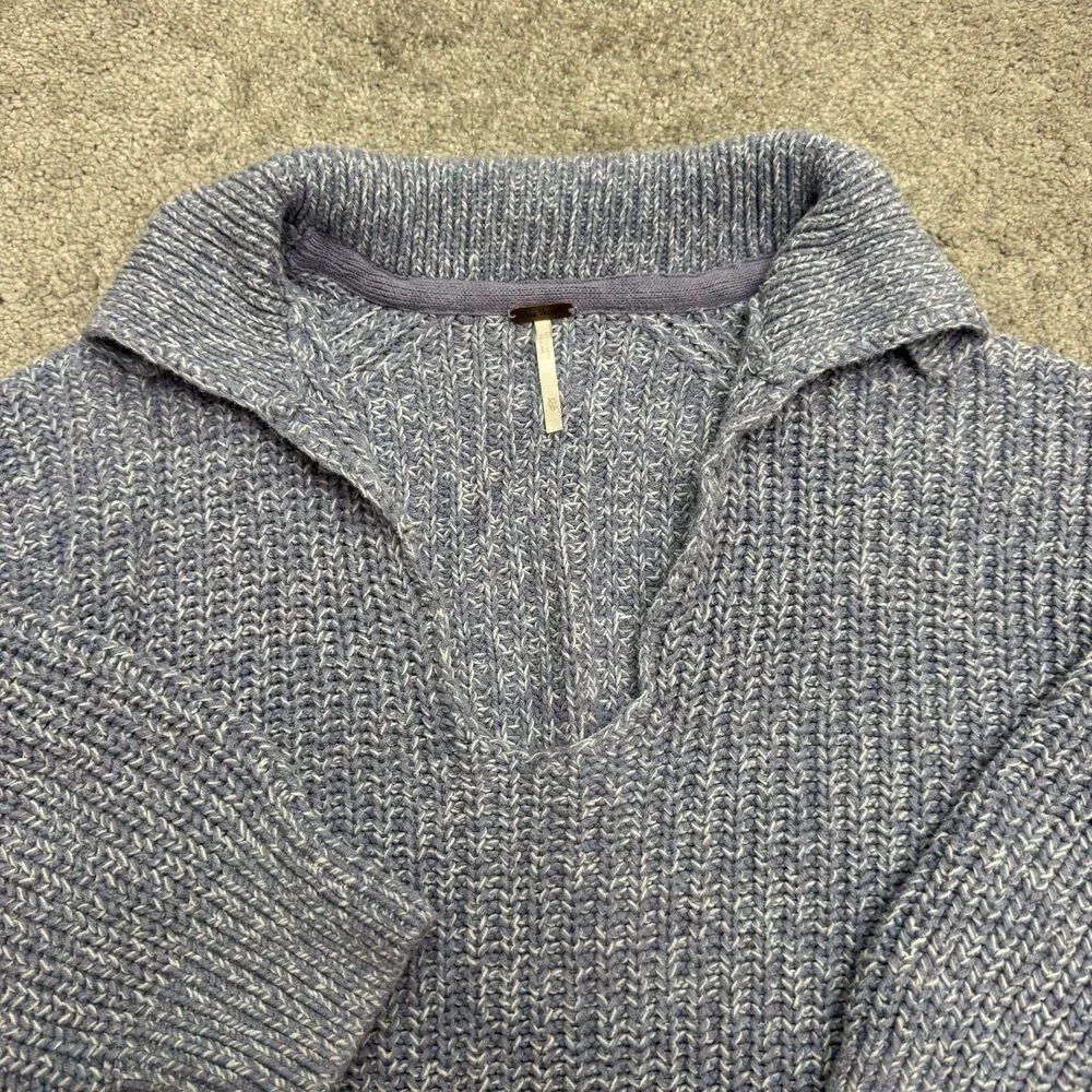 Free People Chunky Cotton Blend Collared V-Neck Sweater Women XS Blue LongSleeve